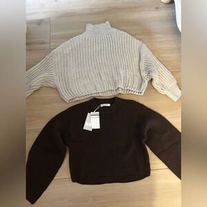 NEW Brown Gray Lot of 2 Crop Top Oversized Chunky Crewneck Mockneck Sweaters L